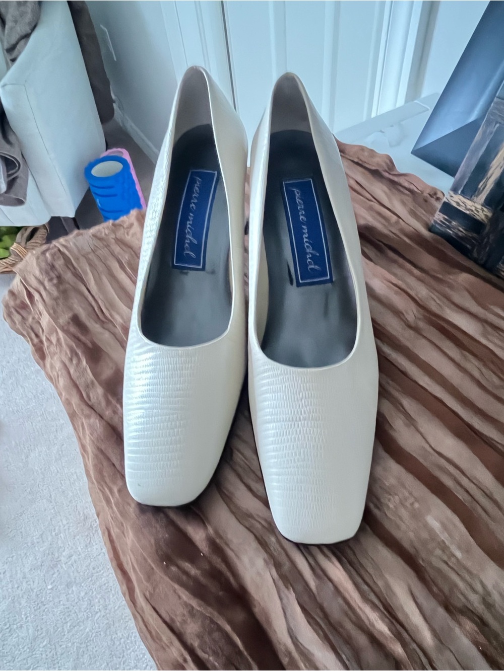 Pierre Michel Cream Square-Toe Pumps leather